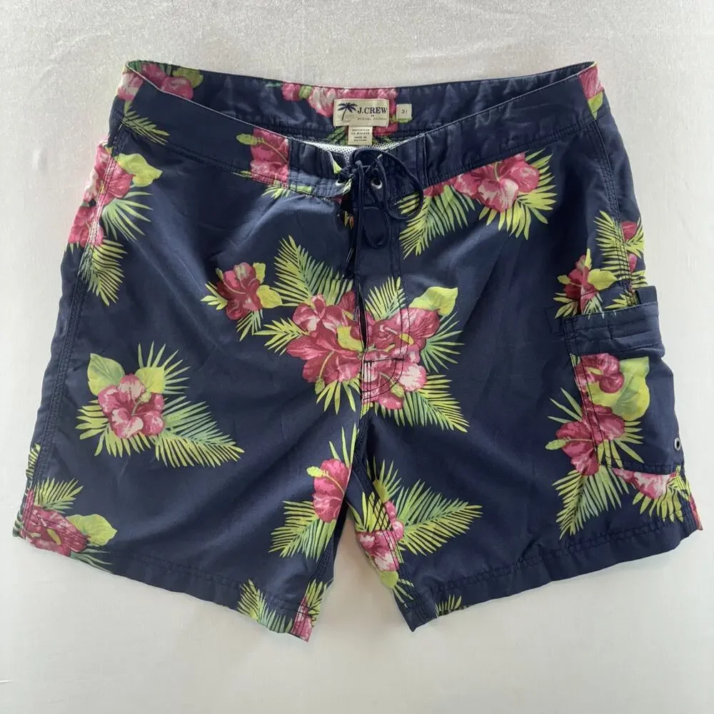 J CREW Mens Solid Swim Trunks 100% Nylon Hawaiian Print Size 31 Navy Blue Pink